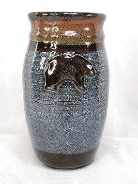 Studio Pottery Vase 3-D Bear Motif Blue & Brown Glaze 5" Tall Rustic Cabincore